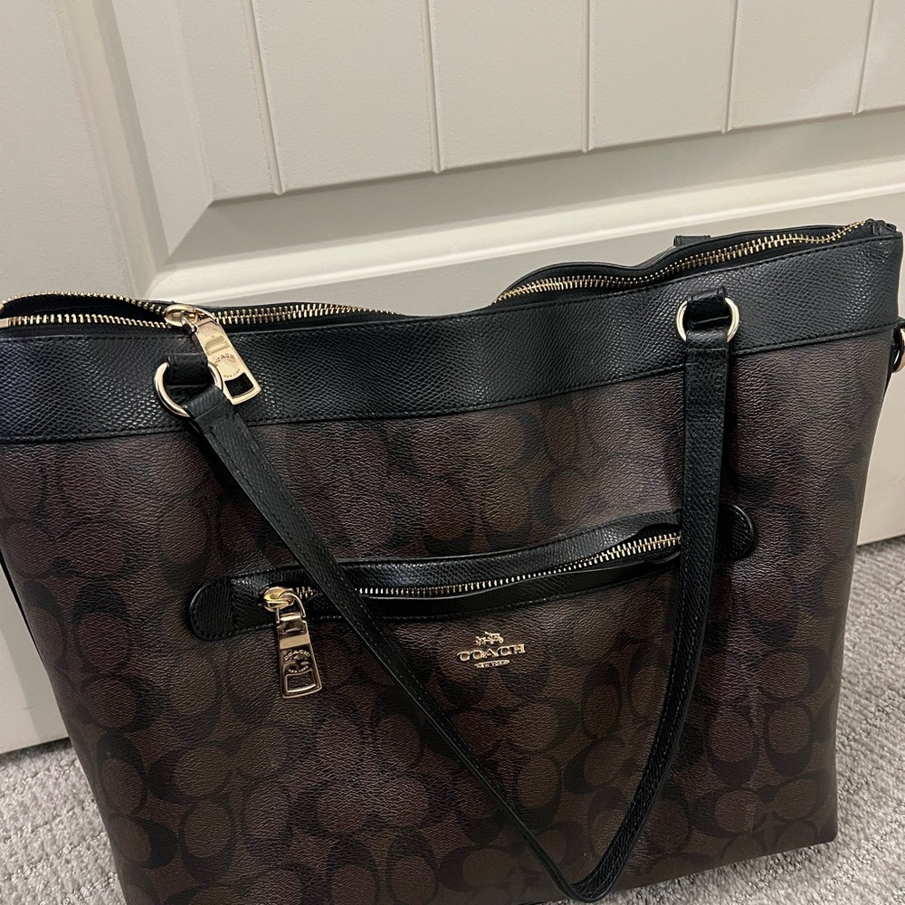 Coach Brown and Black Monogram Tote with Leather Handles